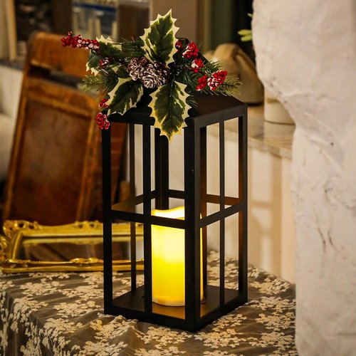 Bdor Christmas Lantern Decoration - 2 Pack with LED Flameless Candle & Pinecones | Holiday Tabletop Decor
