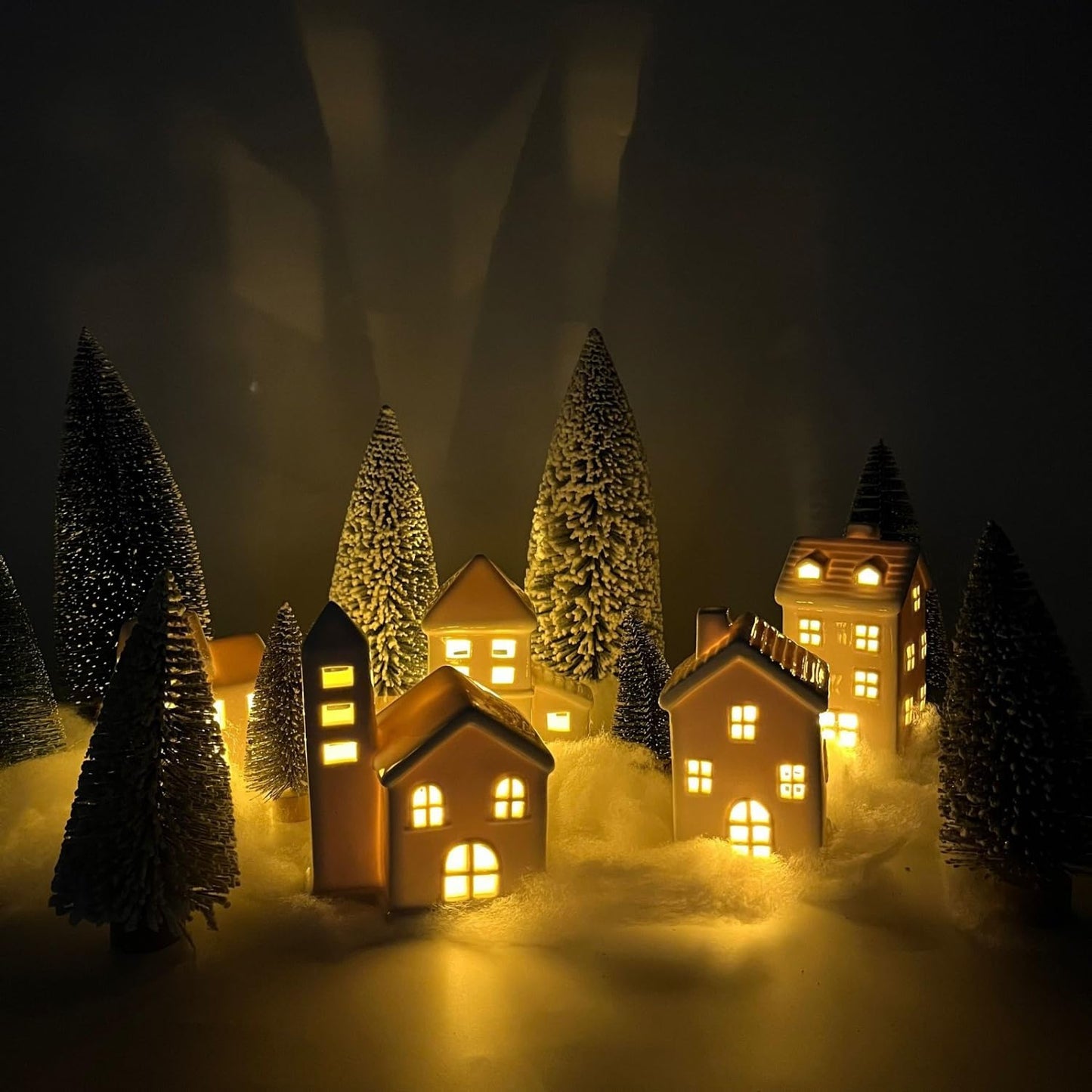 Regine Switzerland Ceramic Christmas Village Houses Set - 5 White Houses, 9 Trees & Fake Snow for Festive Indoor Decor