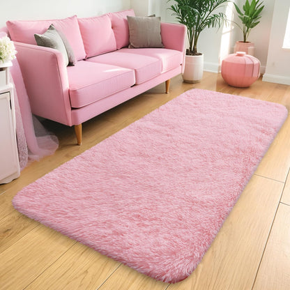 OLANLY 2x4 Machine Washable Runner Rug - Soft Fluffy Shaggy Bedroom & Hallway Carpet | Pink Home Decor