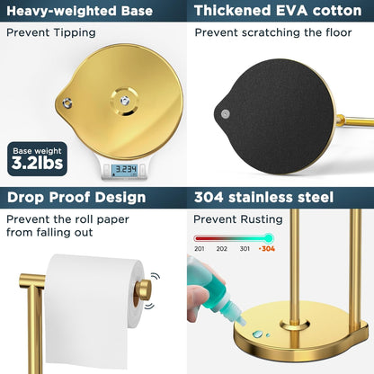 Theaoo Heavy-Duty Toilet Paper Holder Stand - Modern Freestanding Stainless Steel Tissue Roll Holder (Gold)