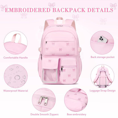 Embroidered 3Pcs Girls Backpack Set with Lunch Bag - Pink Bow Variation