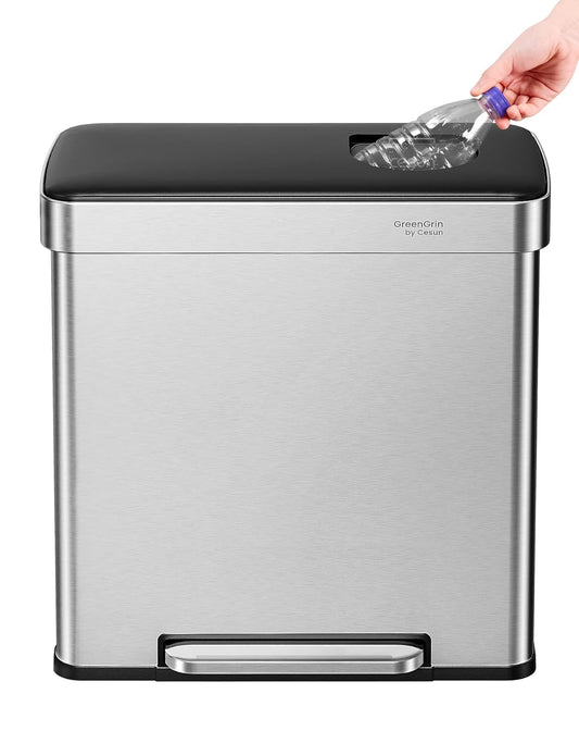 Cesun GreenGrin Dual Compartment Kitchen Trash Can - 2x8 Gallon Stainless Steel Garbage Bin with Lid & Recycling Flap | 30L Each