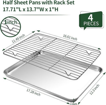 CEKEE Baking Sheet Set - 4PCS Stainless Steel Cookie Sheets with Cooling Rack | Non-Toxic & Easy Clean, 18 x 12 x 1 Inch