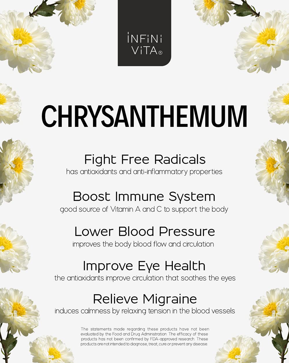 Infini Vita Chrysanthemum Tea - 100% USDA Organic Chinese Tai Ju Flower Herbal Tea - Antioxidants, Eye Health (1 OZ)