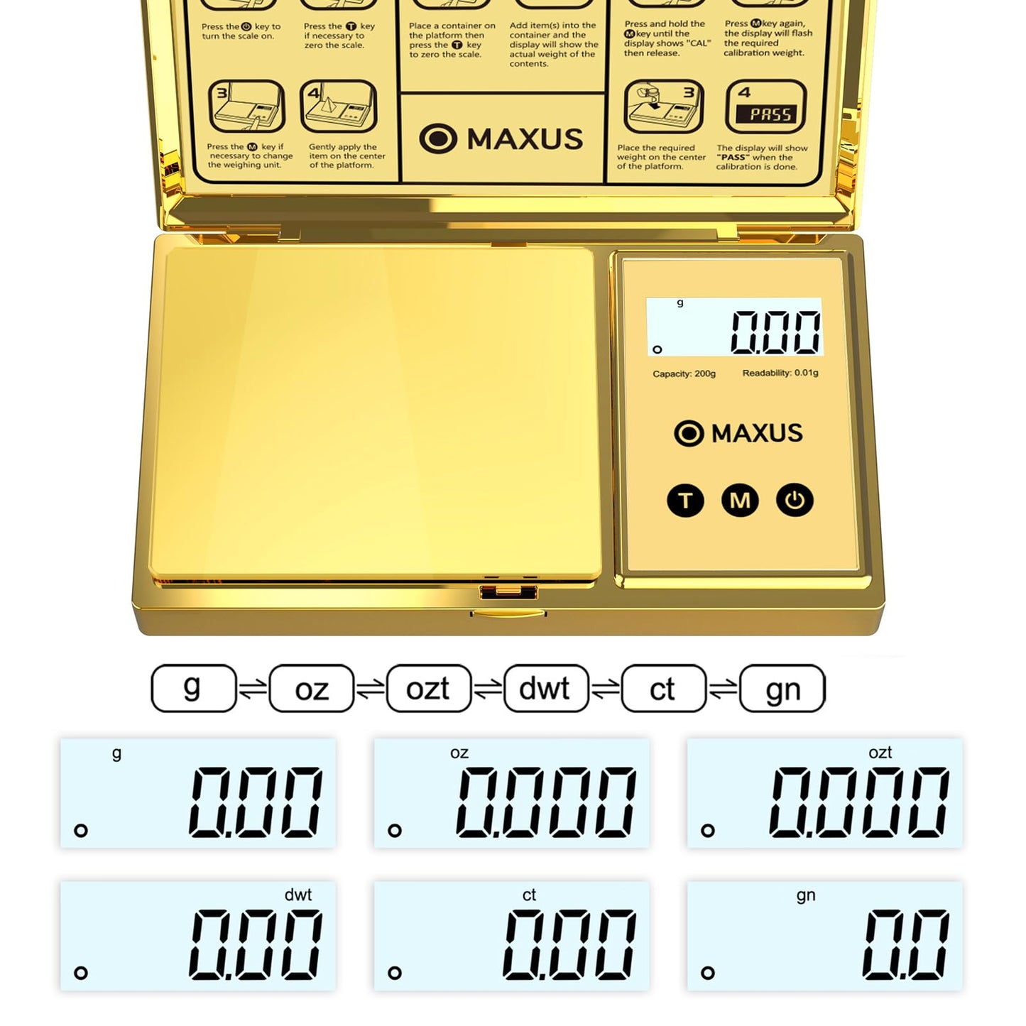 MAXUS Digital Gram Scale with 200g x 0.01g Capacity, Stylish Gold Plated Cover and Platform for Accurate and Precise Weighing of Jewelry, Grains, and Food in Grams and Ounces