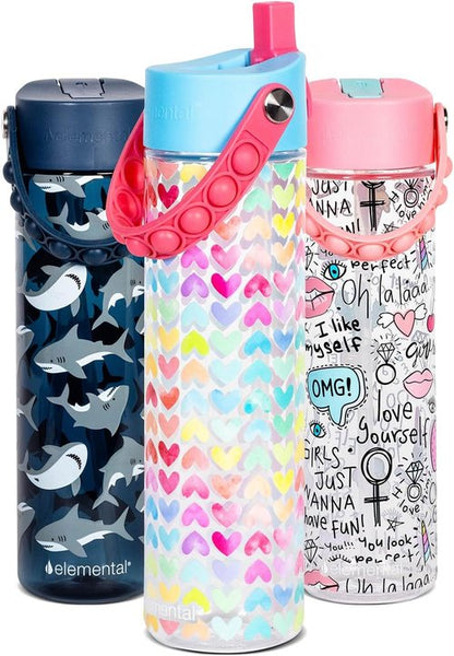 Elemental Splash Water Bottle - BPA-Free Tritan Plastic with Straw & Pop It Strap | 26oz Rainbow Heart - Leak Proof for Travel & Sports