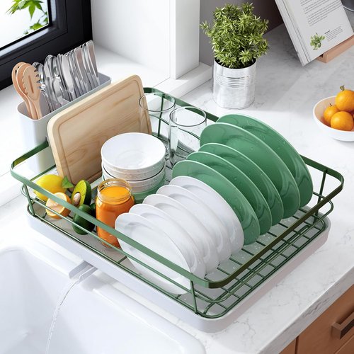 Kitsure Dish Drying Rack - Stainless Steel Kitchen Organizer with Cutlery Holder | 12"W x 15.5"L, Green