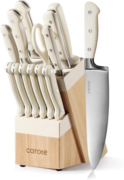 CAROTE 14-Piece Knife Set - Forged High Carbon Stainless Steel Blades | Dishwasher Safe Cutlery in Cream