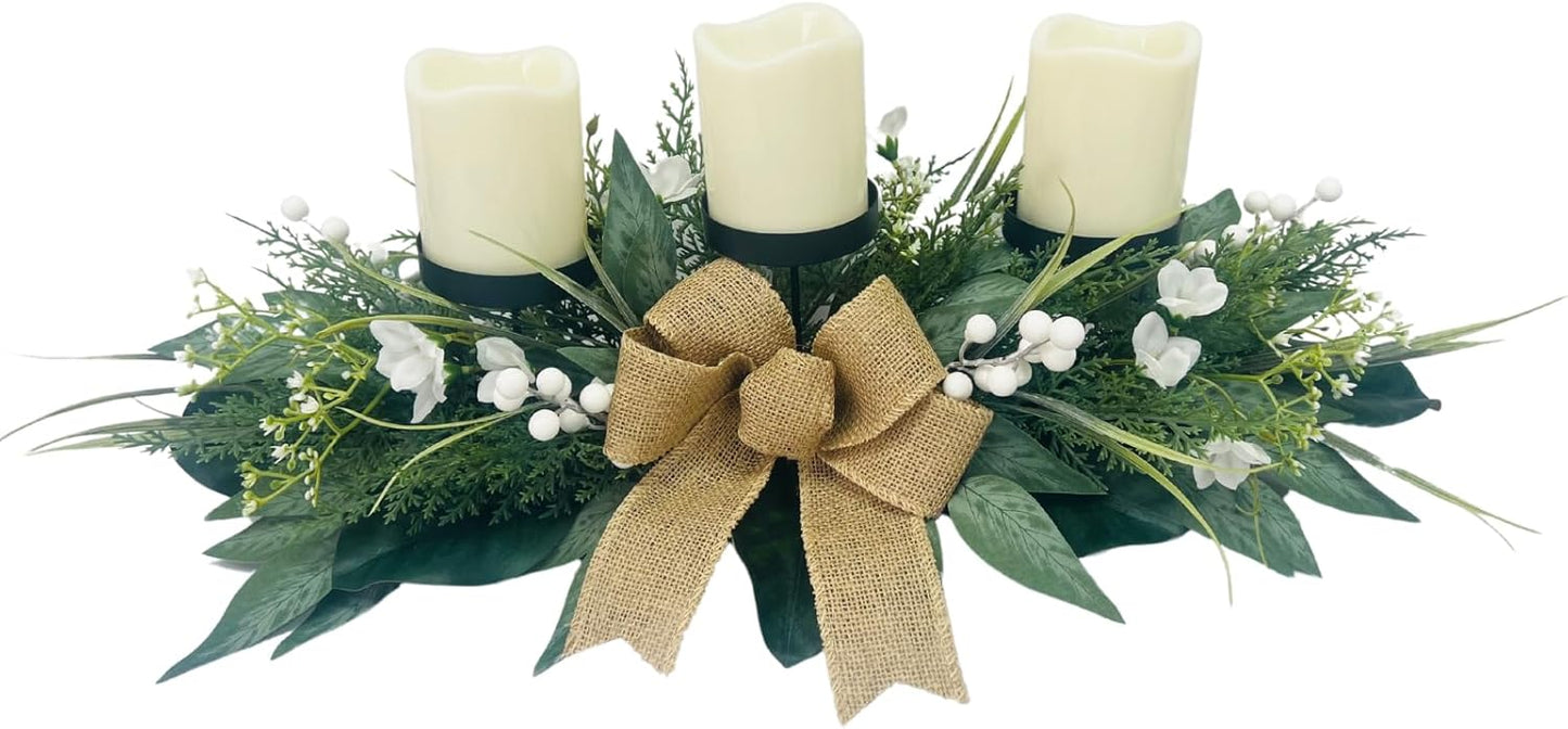 Skiennix Candle Holders - 3 Wick Centerpiece with Gypsophila, Magnolia & Freesia | Elegant Table Decor