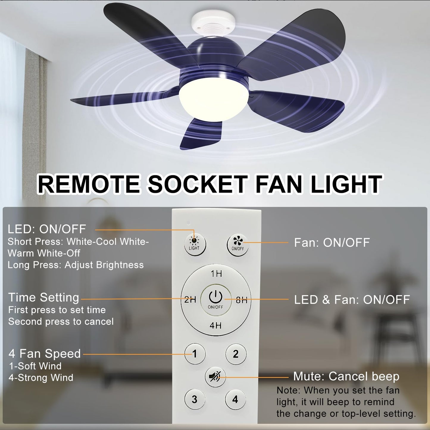 Socket Fans with Remote, E26 Screw in Ceiling Fans with Dimmable Lights, Adjustable Powerful Airflow Quiet Ceiling Fan Light Kit Bulb for Bedroom, Living Room, Kitchen, Garage (Black 2Pack)