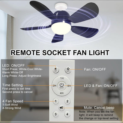 Socket Fans with Remote, E26 Screw in Ceiling Fans with Dimmable Lights, Adjustable Powerful Airflow Quiet Ceiling Fan Light Kit Bulb for Bedroom, Living Room, Kitchen, Garage (Black 2Pack)