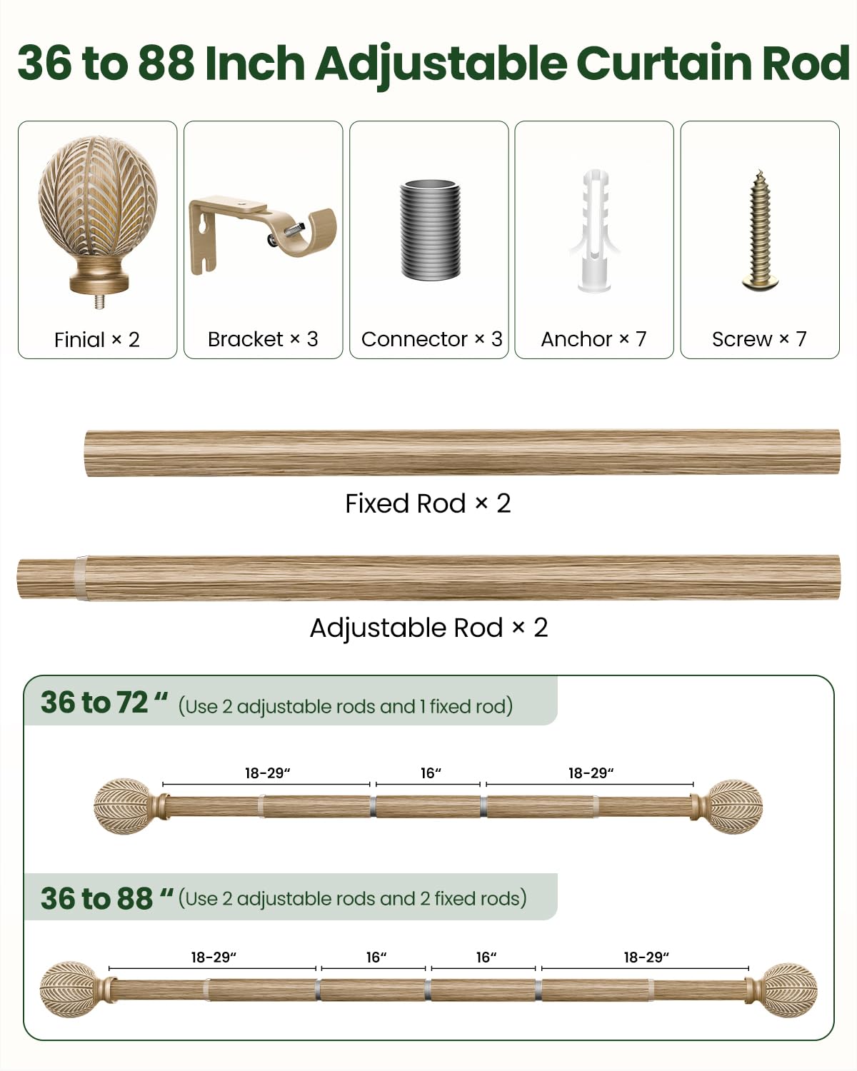 OICIPT Boho Wood Curtain Rods for Windows 48 to 84 Inch, 1" Adjustable Curtain Rod with Imitation Wooden Grain Finials, Decorative Heavy Duty Rustic Farmhouse Drapery Rods, 36-88'', Weathered Wood