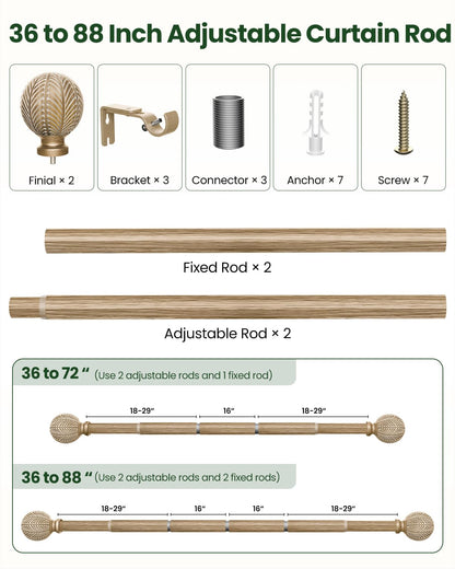 OICIPT Boho Wood Curtain Rods for Windows 48 to 84 Inch, 1" Adjustable Curtain Rod with Imitation Wooden Grain Finials, Decorative Heavy Duty Rustic Farmhouse Drapery Rods, 36-88'', Weathered Wood