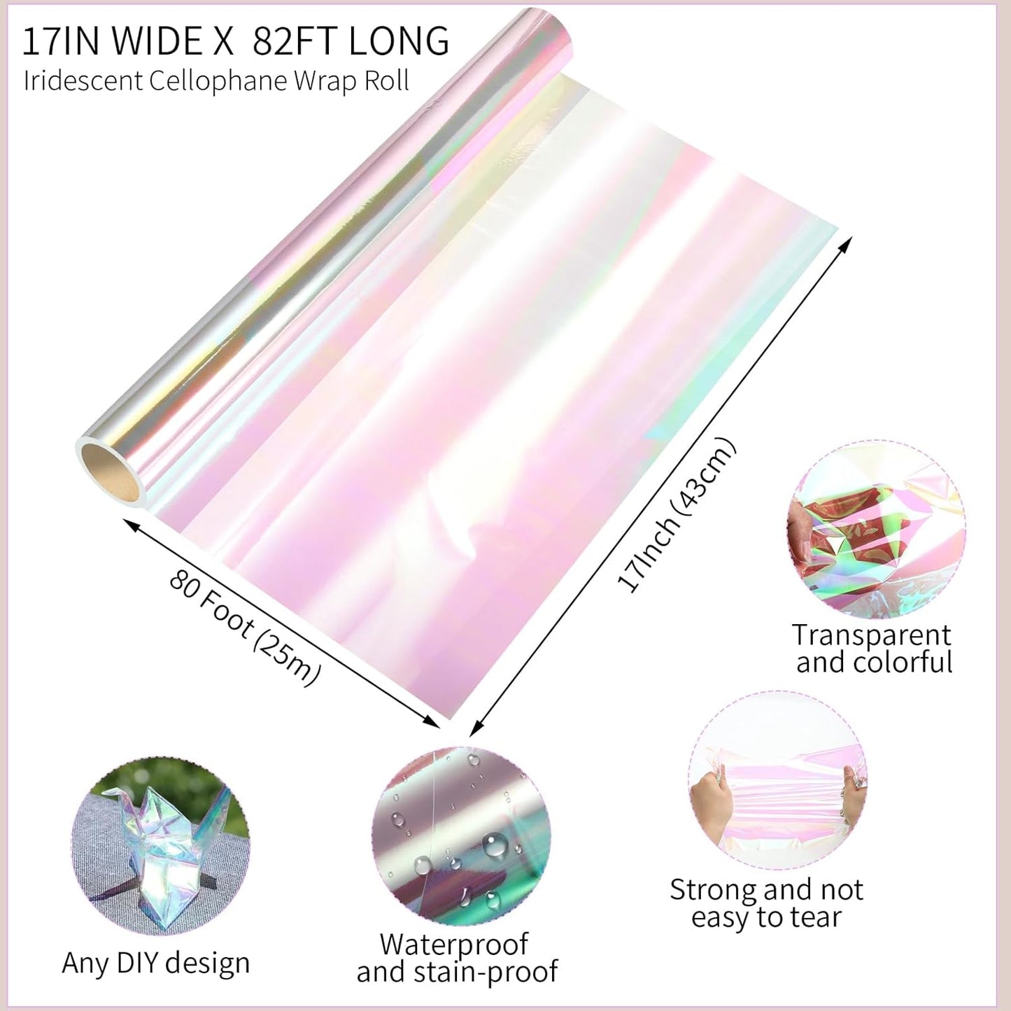 woric 82 Ft X 17 In Cellophane Wrap for Gift Baskets Easter Iridescent Cellophane Wrap Roll Gift Basket Wrapping Plastic for Easter Gifts Basket Stuffers Treats Party Favor Birthday Wedding Crafts