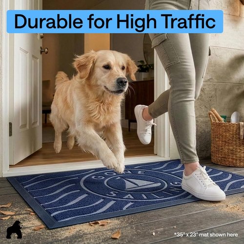 GORILLA GRIP 100% Waterproof All-Season WeatherMAX Doormat US Designed Natural Rubber, Stain and Fade Resistant, Low Profile Indoor Outdoor Door Mats, Easy Clean Patio Mat, 29x17, Blue Sailing