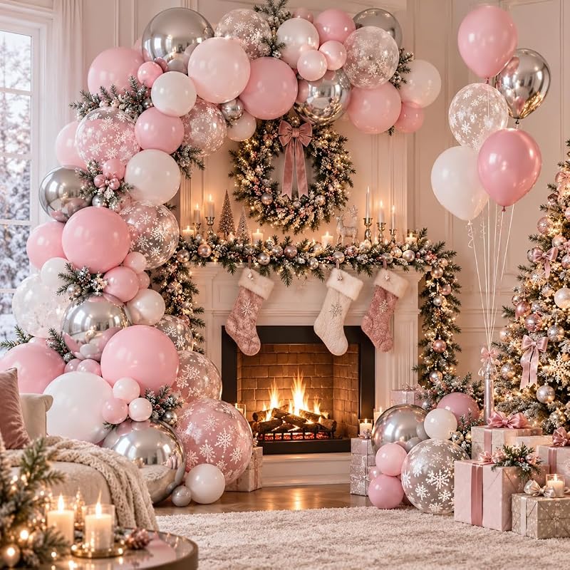 Pink and Silver Balloons 50 Pcs Snowflake Winter Wonderland — Variation Pink White Snowflake