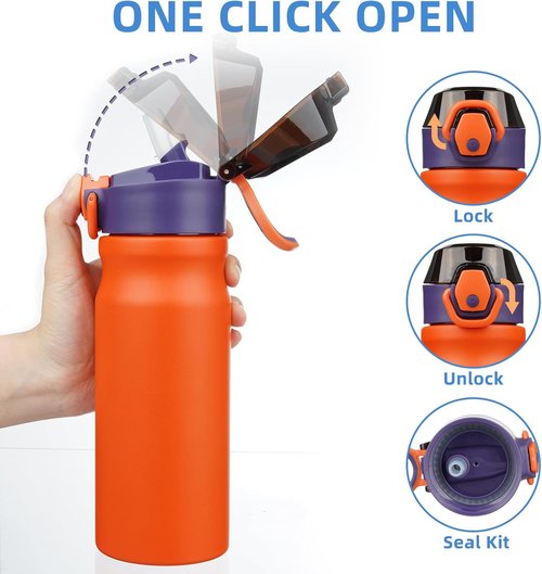 BJPKPK Insulated Water Bottle - 18oz Stainless Steel Flask with Straw & Carry Handle | Orange
