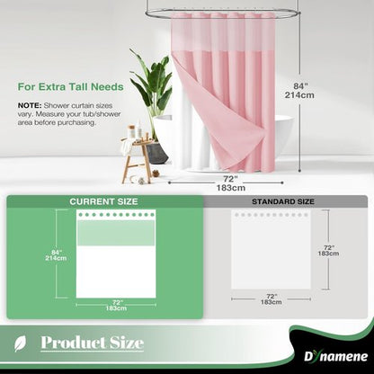 Dynamene Extra Long Shower Curtain, 84 Inch Long Waffle Fabric Shower Curtain for Bathroom, Tall Waterproof Cloth Shower Curtain Liner Set with Hook, Snap in Liner, Mesh Top Window, Pink, 72x84