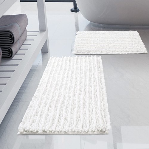 H.VERONNEX Luxury Chenille White Bathroom Rugs Sets 2 Piece, Thickened Hot Melt Rubber Bottom Bath Mats for Bathroom Non Slip,Bath Rugs Quick Dry Machine Washable for Shower Mat (32"x20"+17"x24")