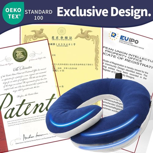 BUYUE Travel Neck Pillow - 360° Head Support for Comfortable Long Flights | Includes Eye Mask, Earplugs & Storage Bag (Navy)