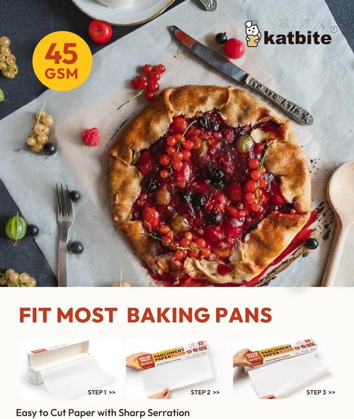 Katbite Parchment Paper Roll - 15in x 242ft Heavy Duty Baking Paper with Serrated Cutter | 300 Sq.Ft Value Pack
