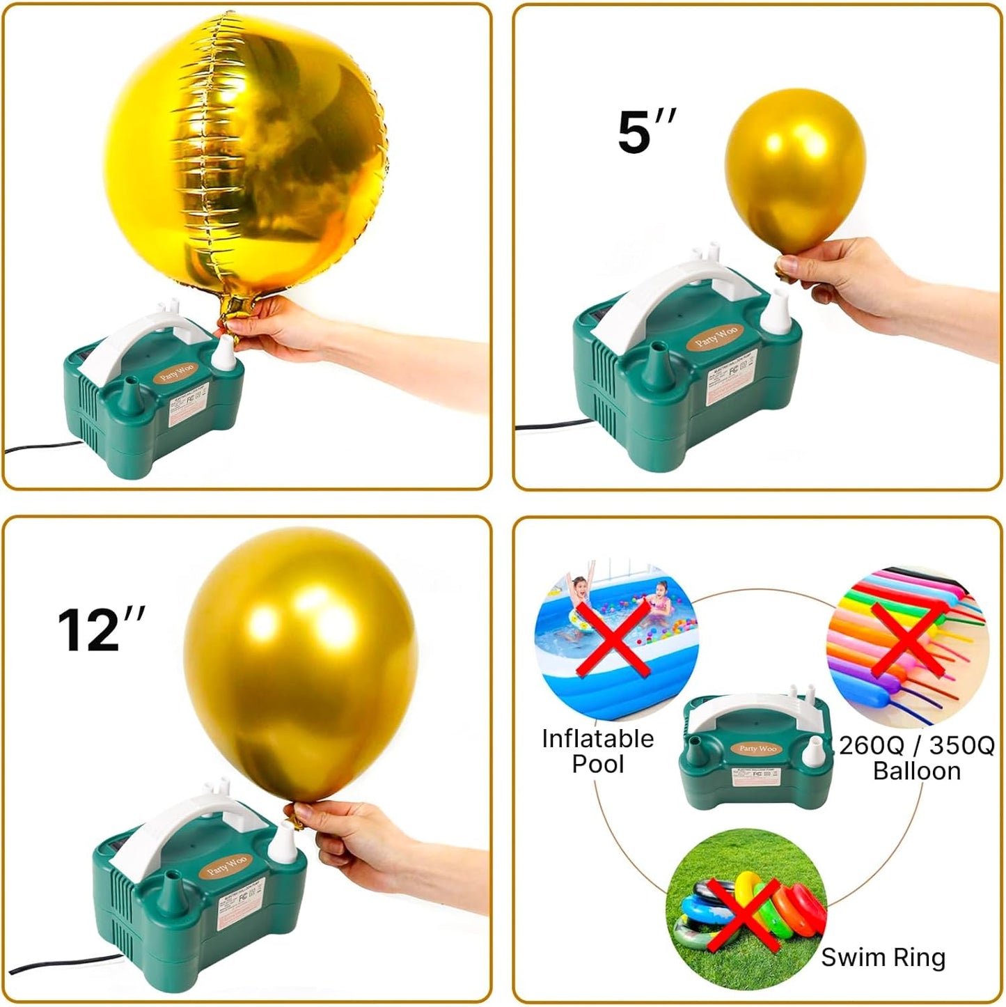 PartyWoo Electric Balloon Pump - 110V 600W Portable Inflator with Dual Nozzle for Balloon Garland