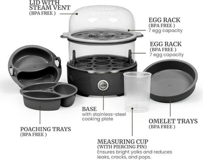 Elite Gourmet Easy Egg Cooker - Stainless Steel, Two-Tiered, 14-Egg Capacity, Auto Shut-Off | Black