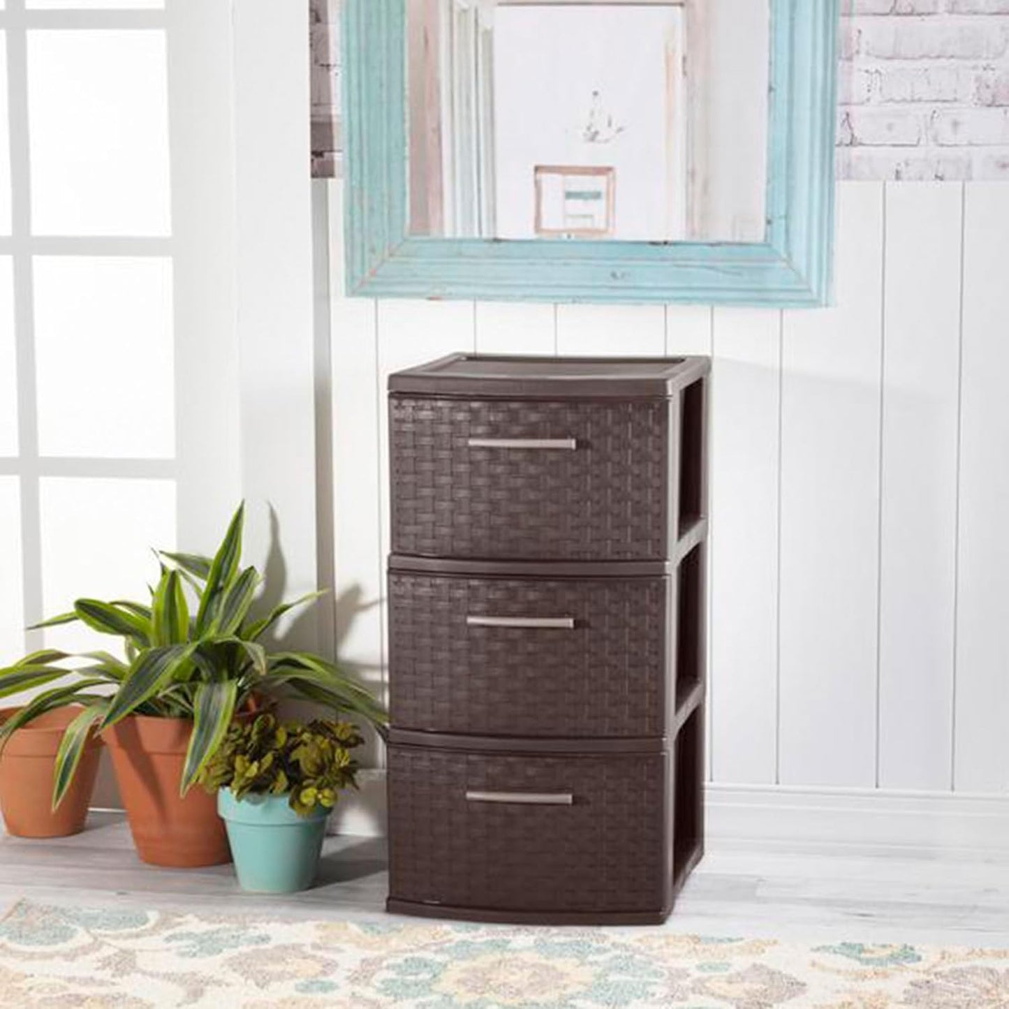 Sterilite 3 Drawer Storage Tower - Decorative Weave Organizer for Dorm, Closet & Bedroom - Espresso Finish
