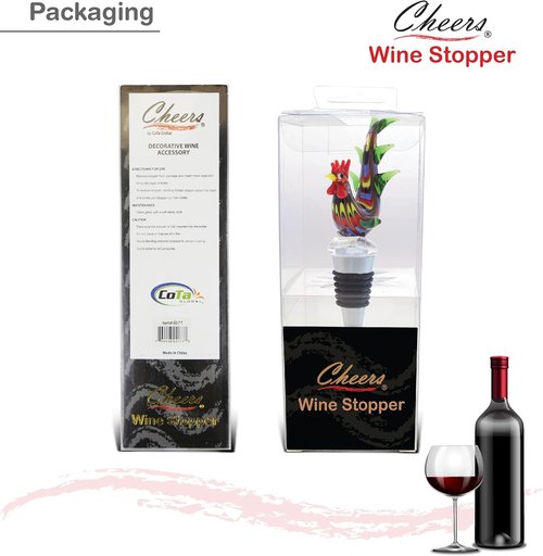 Cheers Rooster Glass Wine Stopper - Elegant Vacuum Seal Reusable Chicken Animal Farm Life Wine Bottle Stopper Airtight Leak Proof Bottle Topper Cork Plug, Cute Home Decor & Bar Tool Accessory Gift