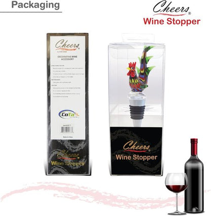 Cheers Rooster Glass Wine Stopper - Elegant Vacuum Seal Reusable Chicken Animal Farm Life Wine Bottle Stopper Airtight Leak Proof Bottle Topper Cork Plug, Cute Home Decor & Bar Tool Accessory Gift