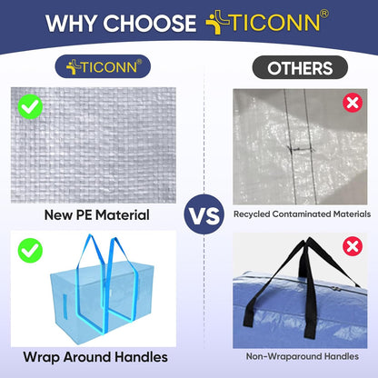 TICONN Extra Large Heavy-Duty Moving Bags - Durable Storage with Zippers & Handles | 2 Pack, Sky Blue