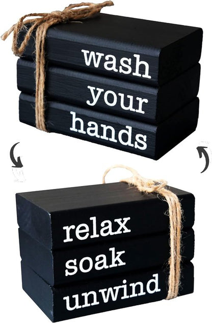 LIVDUCOT Farmhouse Mini Book Stack - Decorative Wooden Books for Bathroom Decor | Reversible Design