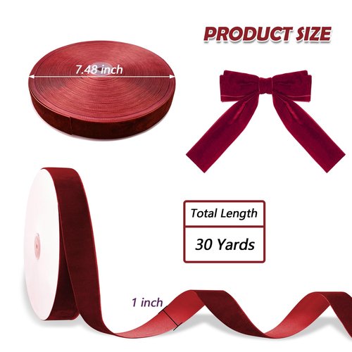 BokingOne Wine Red Velvet Ribbon - 1 Inch x 30 Yards, Burgundy Nylon Velvet Ribbon for Gift Wrapping, Wedding, Party Decorations