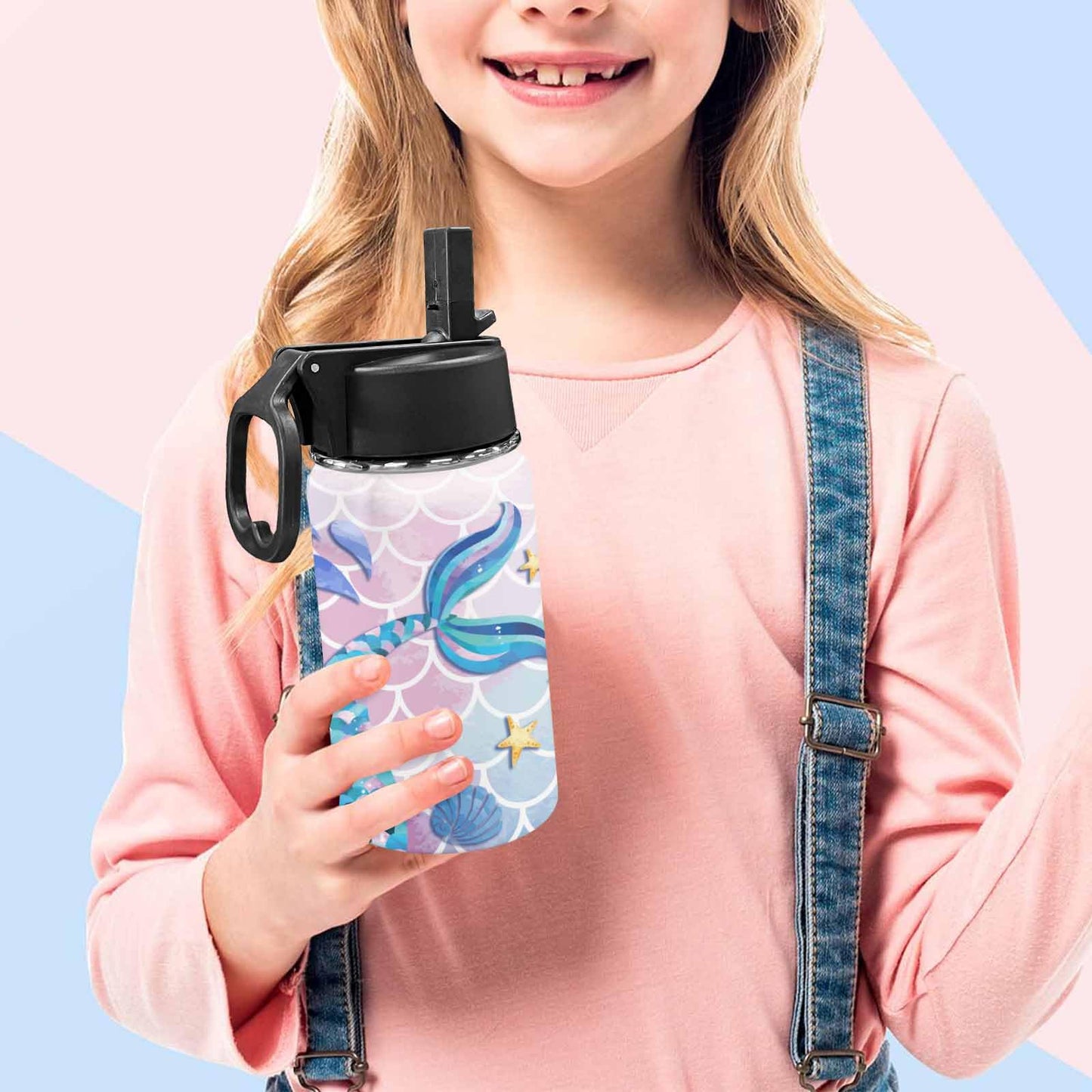 Personalized Kids Water Bottle with Straw Customized Mermaid Tail Water Cup Custom Rainbow Fish Tail Water Cup with Kids Name Back to School Gift for Girls Daughter Granddaughter Toddler Children12oz