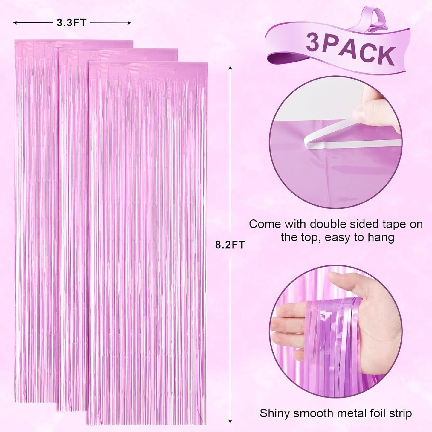 Voircoloria Foil Fringe Backdrop Curtains - 3 Pack Pastel Purple Tinsel Streamers for Parties & Events