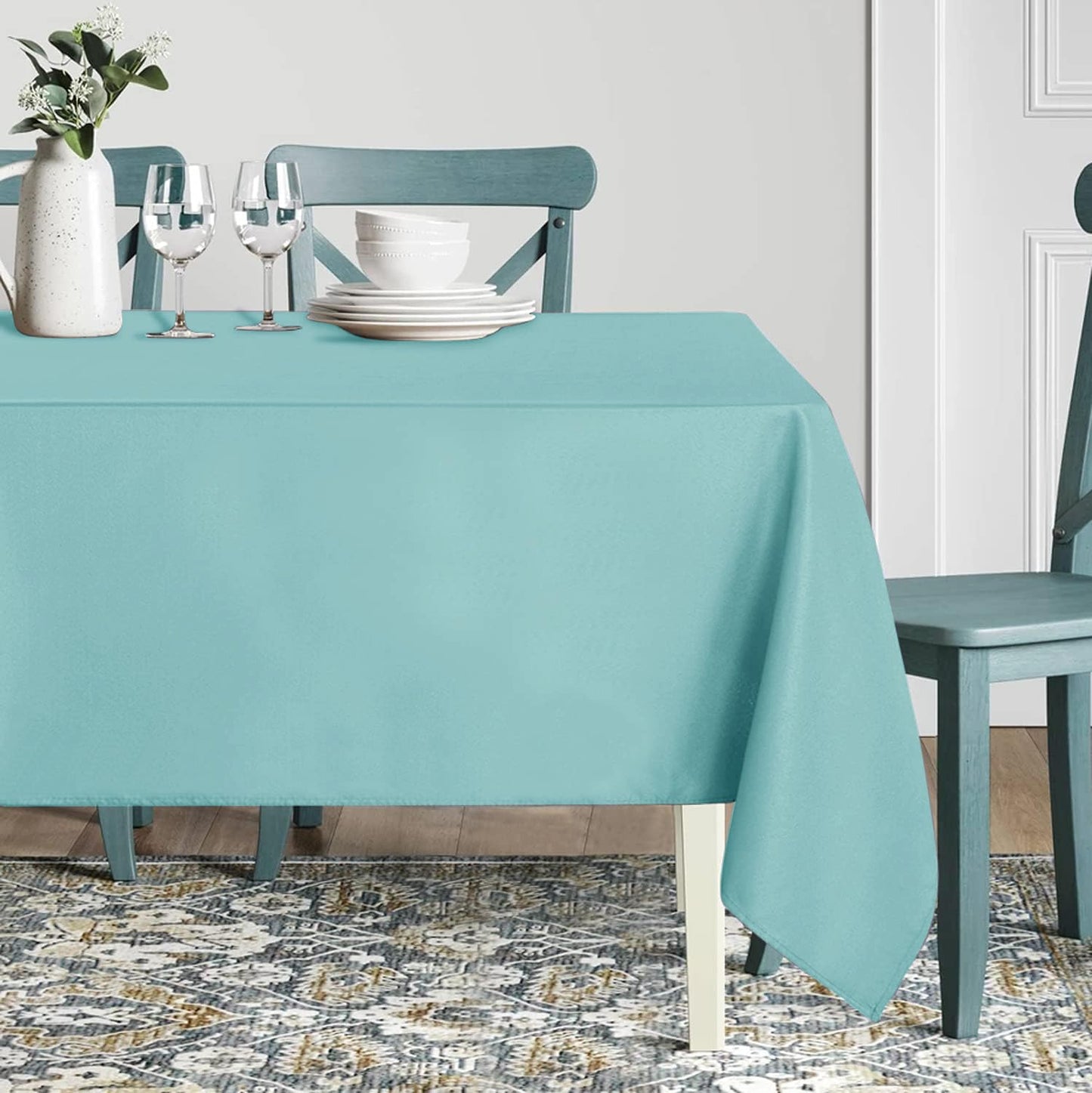 sancua Rectangle Tablecloth - 60 x 84 Inch - Stain and Wrinkle Resistant Washable Spring Table Cloth, Decorative Fabric Table Cover for Dining Table, Buffet Parties and Camping, Turquoise