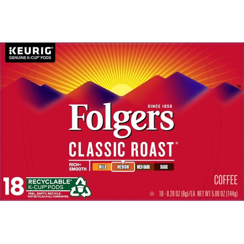Folgers Classic Roast Medium Roast Coffee K-Cup Pods - 18 Count for Keurig Brewers