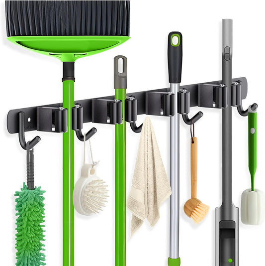 ZONGOOL Wall Mount Broom Holder - 4 Racks & 5 Hooks for Home Organization | Black Metal Tool Organizer