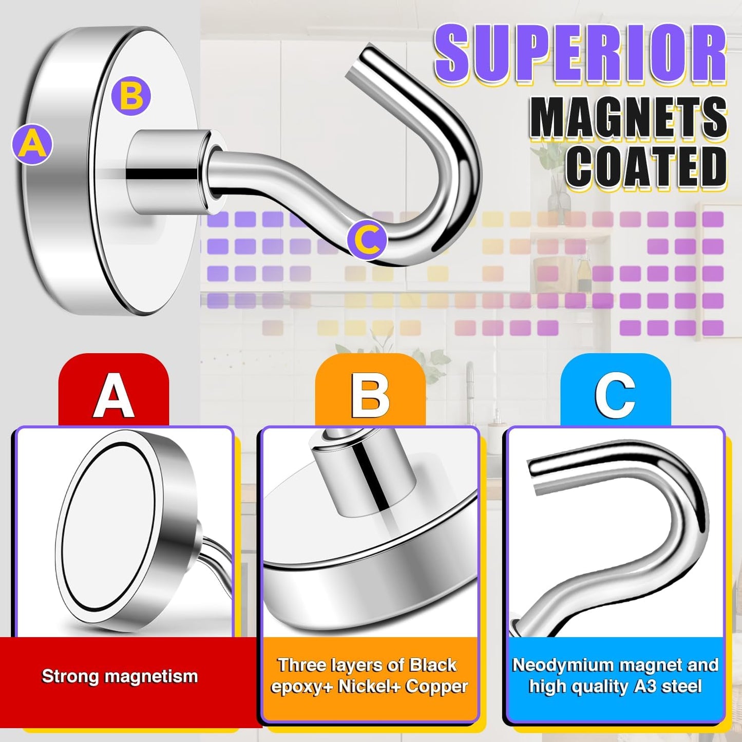 TRYMAG Strong Magnetic Hooks - Heavy Duty 6 Pack for Cruise Cabins, Kitchen, and Storage Solutions