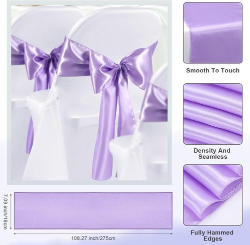 Lounsweer Folding Chair Cover Set - 50 Pcs with Stretch Spandex Slipcovers & Satin Sashes | White & Lavender