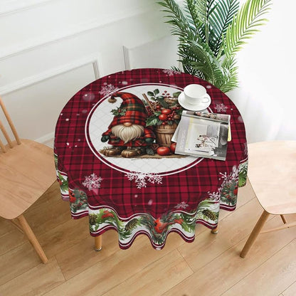 Christmas Bird Gnome Round Tablecloth 60 Inch - Red Plaid, Washable