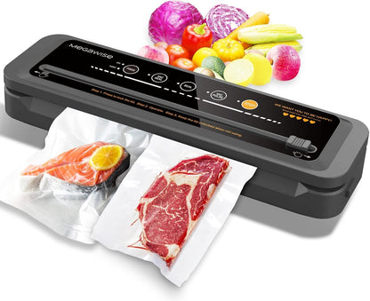MegaWise Food Vacuum Sealer Machine - High-Power 80kPa Suction, One-Touch Operation, Built-in Cutter | Black, Includes Bags & Hose, Keeps Food Fresh 5x Longer