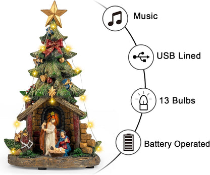 VISFLAIR 12'' Lighted Christmas Nativity Scene - Musical Holy Family Figurines with LED Lights