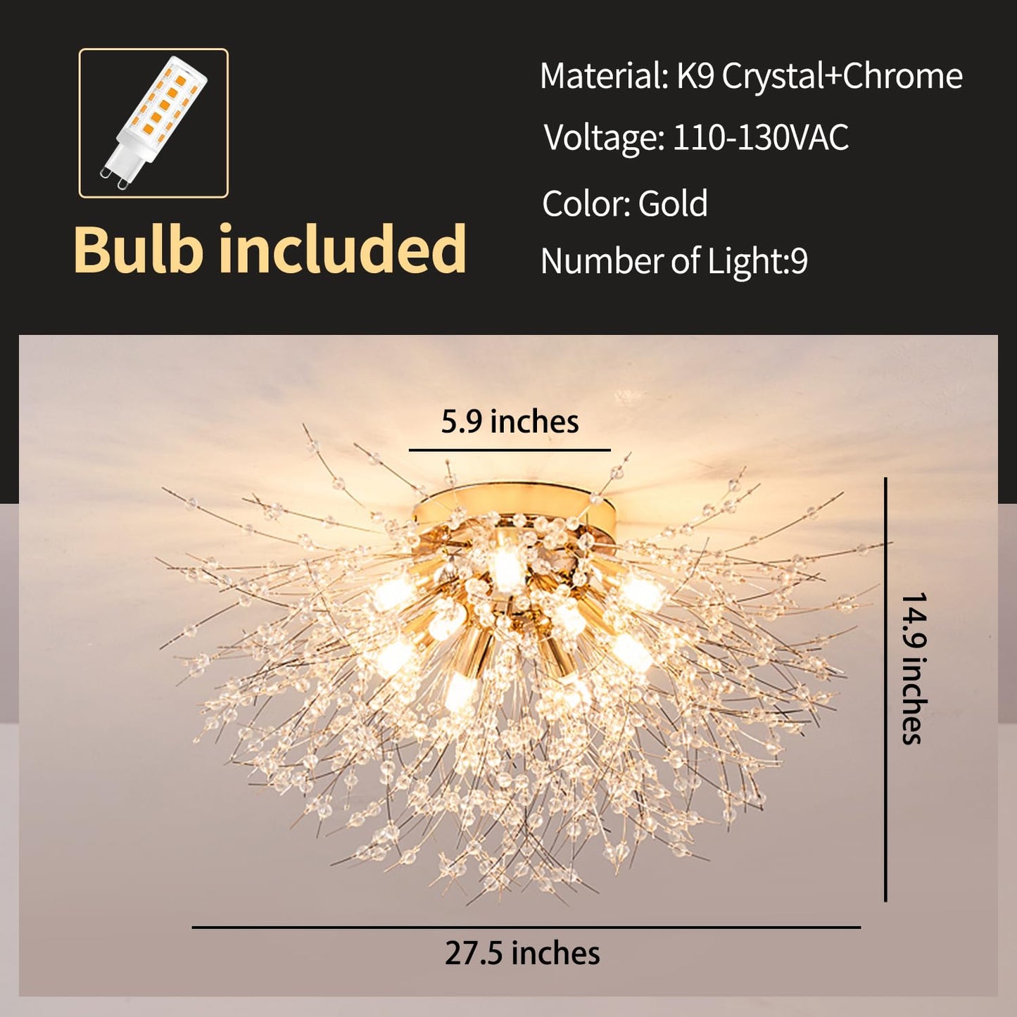 Crystal Flush Mount Ceiling Light, Gold Modern Sputnik Firework Close to Ceiling Lamp, LED Flower Ceiling Light Fixtures for Living Room Bedroom Kitchen Island Entryway Hallway Foyer, With 9 G9 Bulbs