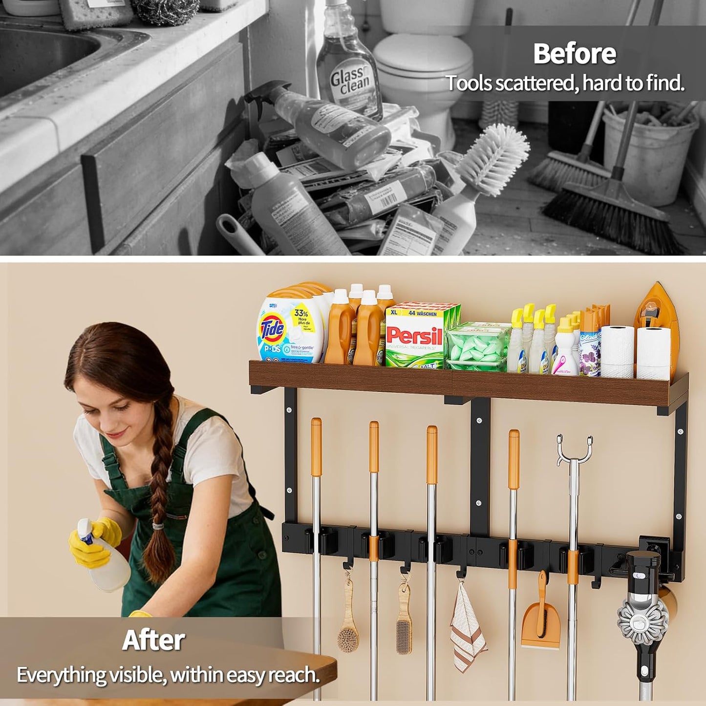 Skiennix Broom Holder Wall Mount - Space-Saving Cleaning Supplies Organizer for Home & Garage