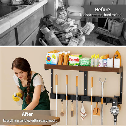 Skiennix Broom Holder Wall Mount - Space-Saving Cleaning Supplies Organizer for Home & Garage