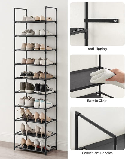 SONGMICS 10-Tier Shoe Rack - Metal Frame Shoe Storage Organizer | 11 x 17.7 x 68 Inches, Black