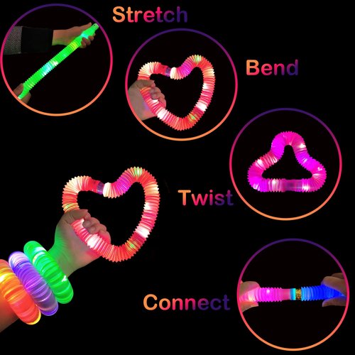 Easter Basket Stuffers for Toddlers-6 PCS Light Up Pop Tube Toys Gifts for Kids,LED Glow Stick Bracelet Necklace Party Accessories,Fun Outdoor Camping Essentials Games Activities for Boys Girls