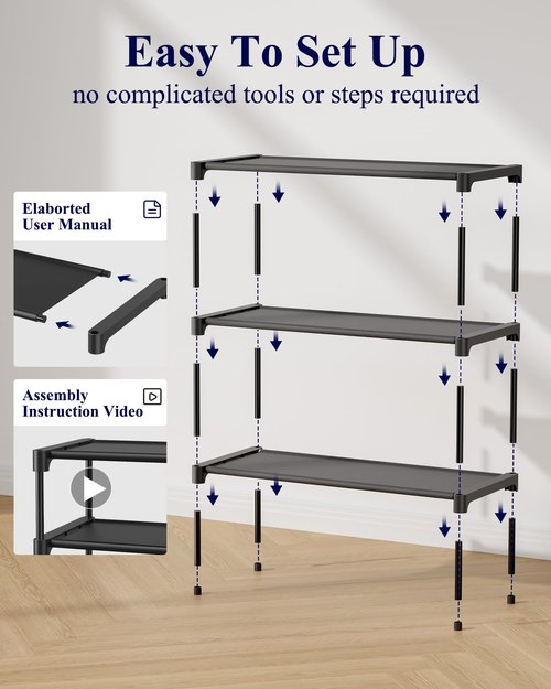 Kitsure Shoe Rack - Non-Woven Shoe Rack Shelf, Shoe Organizer for Closet, Entryway, Garage & Corridor, Stackable Shoe Shelves, 27.5" Wide - 3 Tier, Black