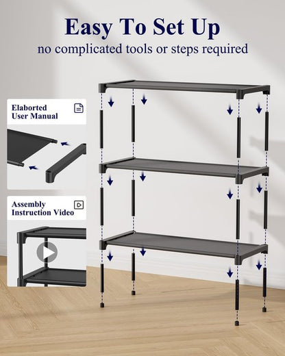 Kitsure Shoe Rack - Non-Woven Shoe Rack Shelf, Shoe Organizer for Closet, Entryway, Garage & Corridor, Stackable Shoe Shelves, 27.5" Wide - 3 Tier, Black